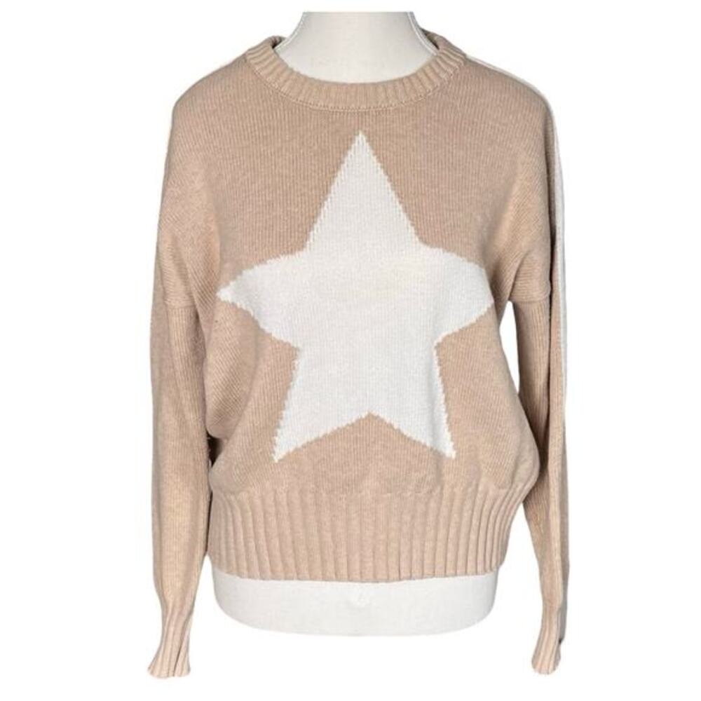 MINNIE ROSE Womens XS Star Sweater Tan Beige Cream Cotton Cashmere Crew Pullover
